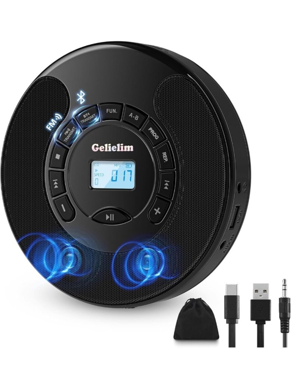 Portable Rechargeable CD Player with Bluetooth, FM Transmitter, Dual Speakers